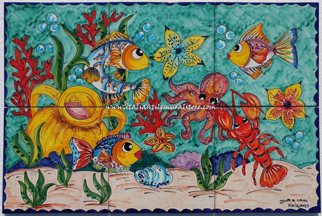 Hand Painted Tile Mural.this Mural Tiles and Depicts a Beautiful Boldly Colored Undersea Scene