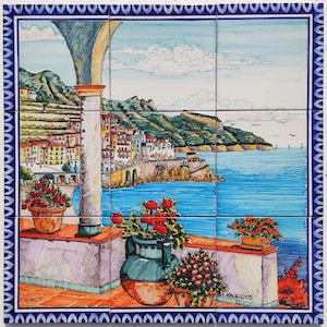 Hand Painted Ceramic Panel of Amalfi Sea - Flower Decor - Beautiful Landscape - Colorful Wall Art - Tile Mural - Gloss Tiles - Italian Art