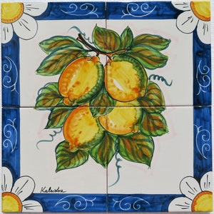 Tile Murals - Ceramic Panel with Lemons and Daisy - Hand-Painting Tiles - Tiles Made in Italy