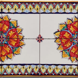 Ceramic Tiles - Artistic Panel - Red Baroque - Orange Flowers - Golden Frame - Outdoor Wall Art  - Decorative Tiles - Table for Outdoor