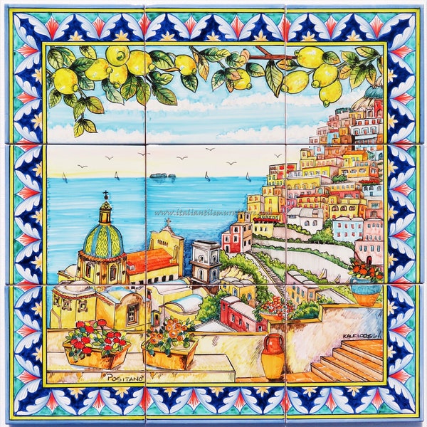 Ceramic Wall Panel - Colorful View of Positano from the Mountains - Handpainted Tiles - Lemon Decor - Italian Art - Custom for you
