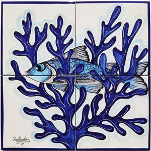 Blue Fish in Corals  - Hand Painted Tiles - Blue Monotone decoration - Plain artwork - Wall art - Nautical Decor - Italian tiles
