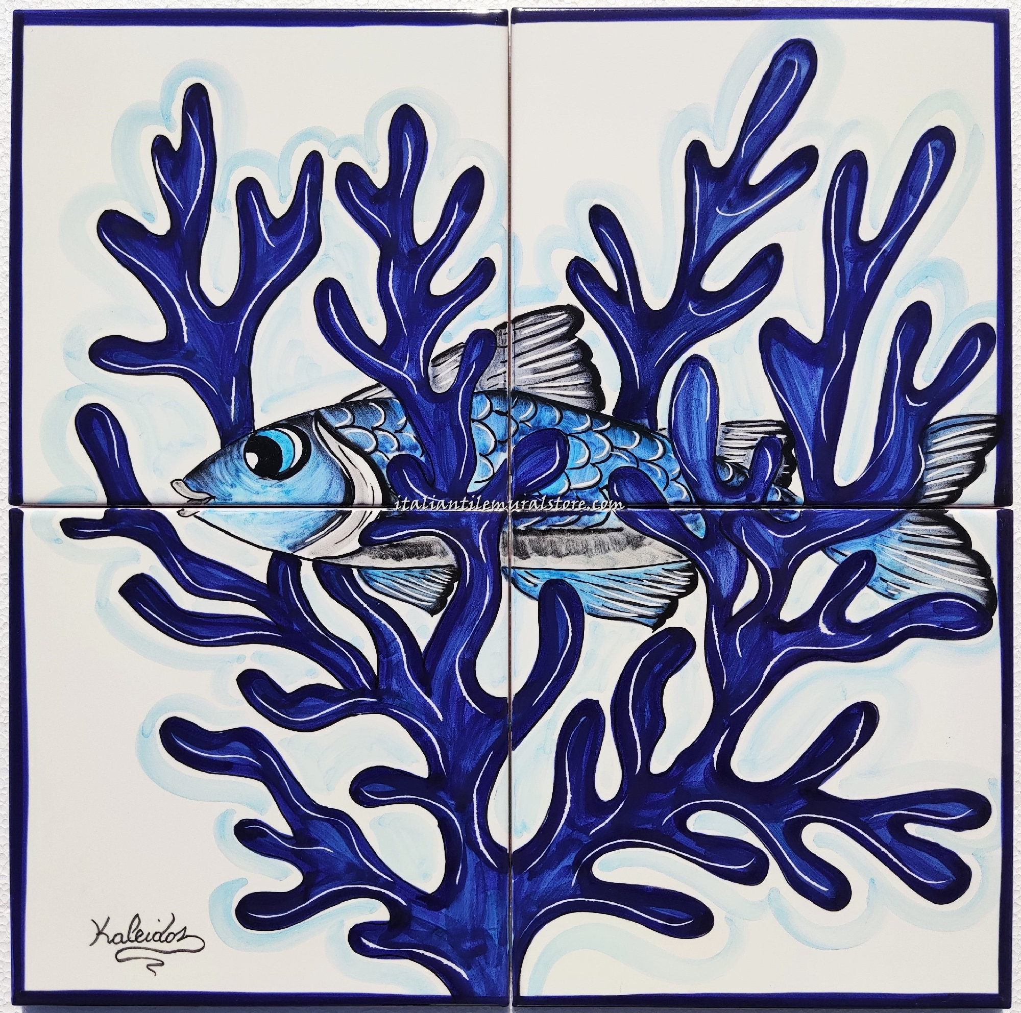 手描きの魚のタイル壁画 - ブルーコーラル、航海風の壁アート - Etsy 日本