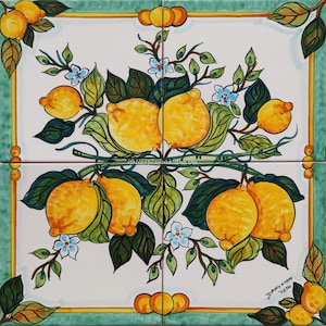 Decorative Tiles - Lemons and Flowers - Artistic Decor - Handpainted Mosaic - Green and Yellow Backsplash - Amalfi Art