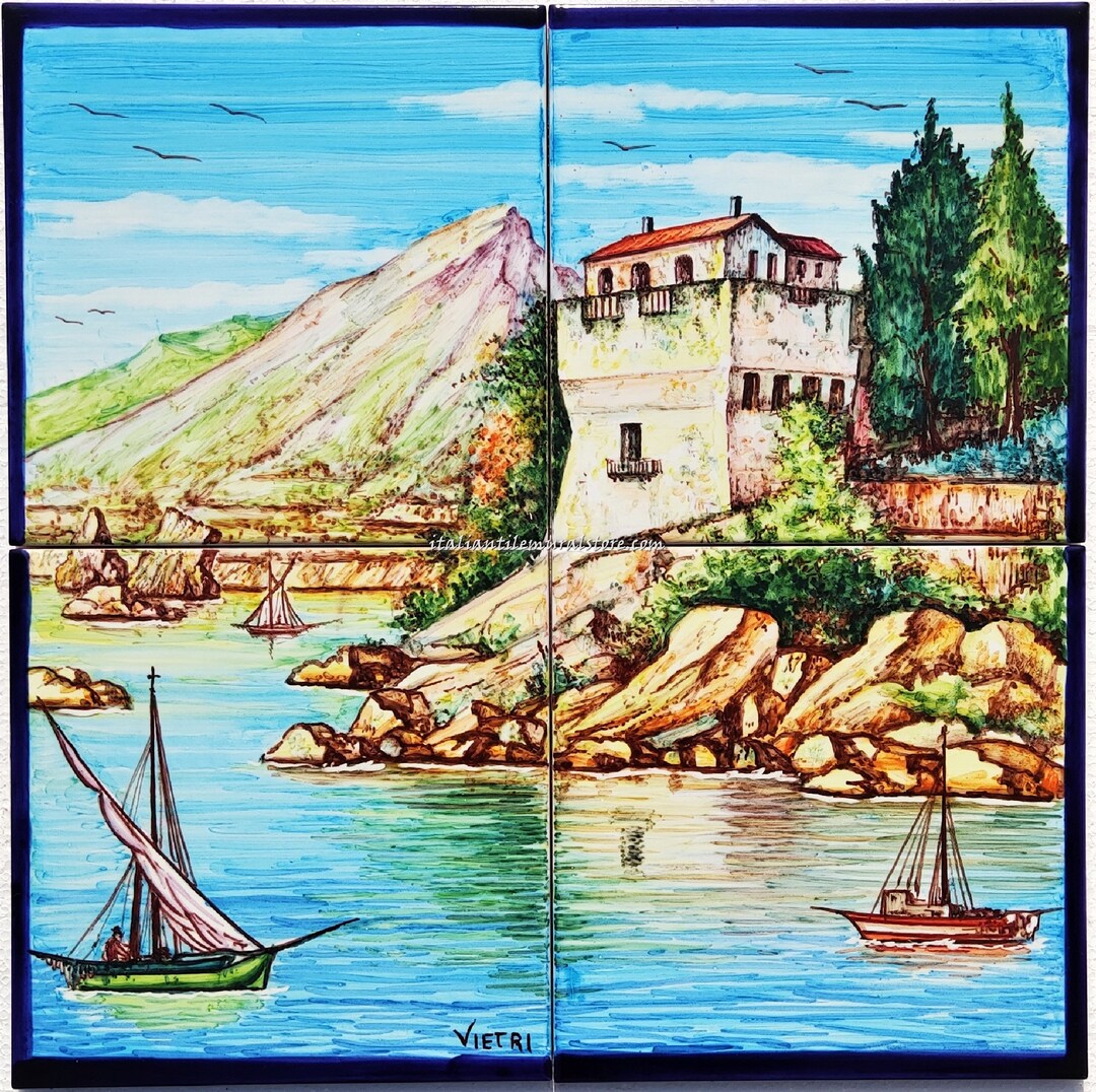BLOB CORNICI 壁掛け 壁画 「海ブルー」イタリア製 Hand-painted Vietri Ceramic Tile Mural – Coastal Mountain Scene