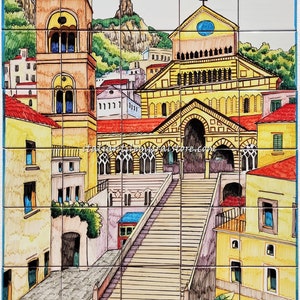 Gorgeous Landscape of Amalfi&#39;s Square - Lemon Decoration and Flowers -  HandPainted Tiles - Artistic Ceramics - Wall mural - Italian Art
