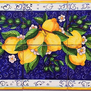 Tile Mural Art - Decorative Painted Tile - Lemons and Olives - Handpainted Mosaic - Florence Design - Table Top Decor - Kitchen Tiles