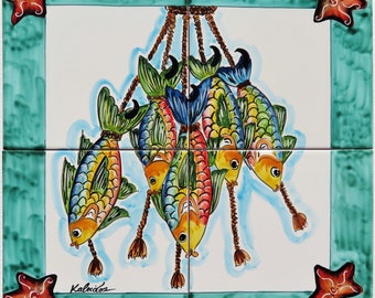 Tiles Fish and Starfish Painting Tiles - Miraculous Fishing - Accent ceramic tile - Art ceramic tiles - Art Design