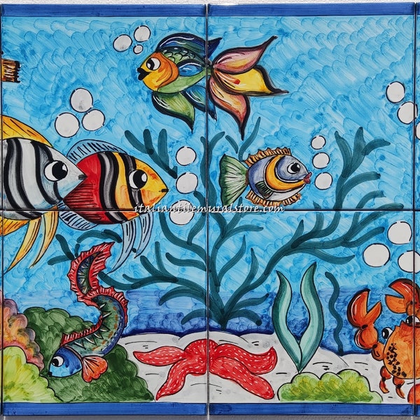 Fliesen Wandbild Handgefertigt - Aquarium Fliesen - Tropische Fische - Meereslebewesen - Dekorative Fliesen - Außenfliesen - Küche Backsplash