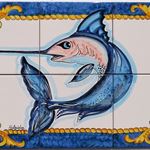 Tile Mural Hand-painted Majolica Wall Panel of a Wonderful Swordfish - Hand Painting Tiles - Glossy Tiles - Italian Art - Custom for you