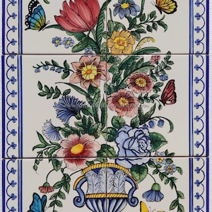 Vertical Ceramic Panel - Hand Painted Ceramic Tile Mural - Vase of Flowers and Butterflies Outdoor Wall Art - Garden Art - Decorative Tiles.