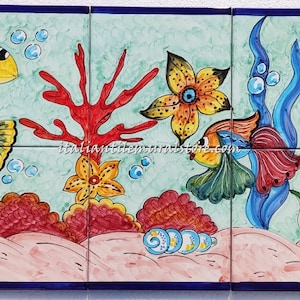 Tiles Tropical Fish - Fish Art - StarFish and Squid -  Antique Vase - Coral Reef - Light Blue Sea -  Handpainting tiles - Kitchen Backsplash