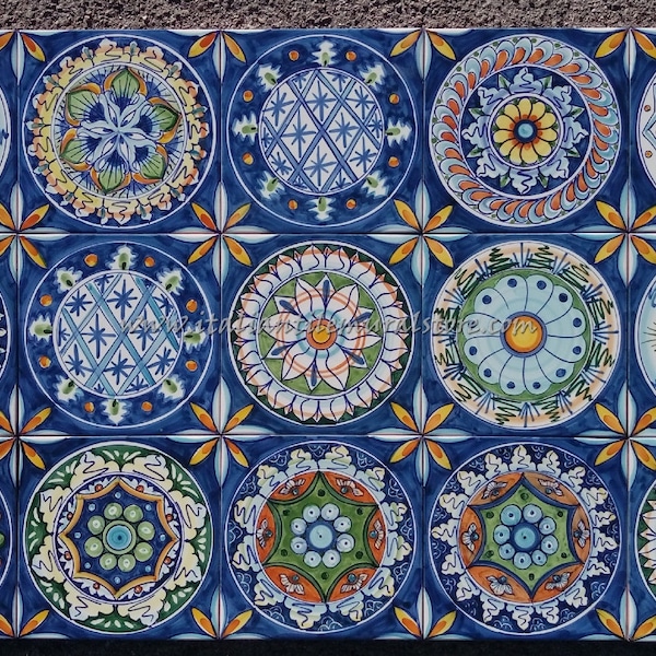 Handmade Italian Ceramic Tiles, 8x8 Mandala Design