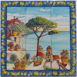 Tile mural backsplash Ravello - handmade tile - backsplash ideas - mosaic tile mural, Wall Decor, Kitchen Mural, Outdoor Painting