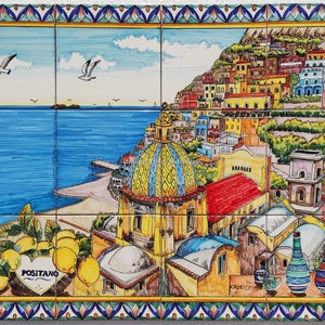 Decorative Art - Positano From the Amalfi coast - Lunch on the Sea - Hand Painted Tile - Geometric Frame - Outdoor Wall Tiles