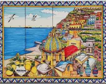 Hand Painted Positano Tile Mural – Amalfi Coast Geometric Art