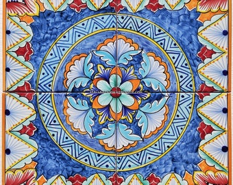 Hand-Painted Mandala Tile Mural – Italian Baroque Wall Art, Orange Azure Flowers