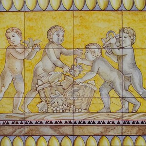 Unique Piece - Decorative Ceramic Backsplash - Children with Grapes - Greek Art Reproduction   - Handpainted Yellow Decor - Italian Mural