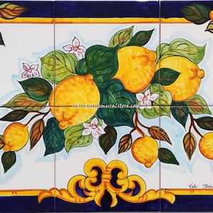 Artistic Decoration - Baroque Style - Lemon and Flowers - Amalfi Lemons - Handpainted Ceramic Tiles - Decorative Backsplash