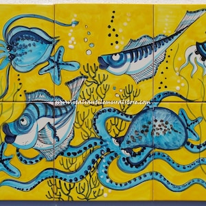 Tiles Hand Painted Tile Mural Ocean Tile mural Backsplash Ceramic handmade and hand painted . Custom for You!! Table Top Decor