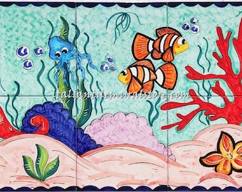 Murales of Tiles - Mosaic of Tropical Fish -Red Corals and Kelp - Starfish and Jellyfish - Handpainted  ceramic Tiles - Nautical Decor