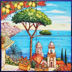 Unique Piece of Decorative Ceramic Backsplash - Landscape of the Elengant and Ancient Ravello City and Sea - Handpainted Lemon Decoration