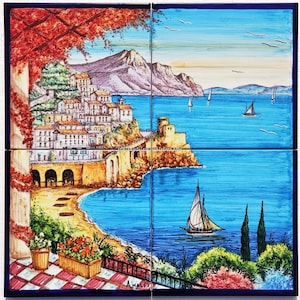 Unique Piece - Decorative Little Ceramic Panel - Amalfi City of Sailors and Sea Boats - Little Harbor Art - Handpainted Colorful Decoration