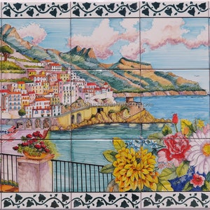 Tiles Ceramic Wall Panel of the Amalfi Coast -  Hand Painted Art Tile - Amalfi Cost Tile Wall Art - Outdoor Wall Tiles