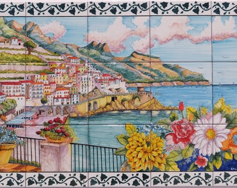 Hand-Painted Ceramic Tile Mural – Amalfi Coast Wall Art