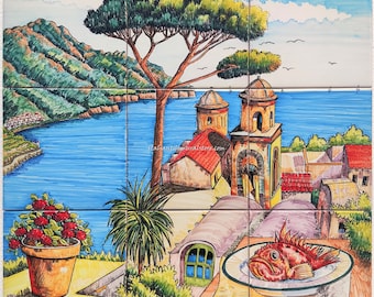 Hand-Painted Tile Mural – Ravello Amalfi Coast Seascape Mosaic