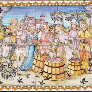Beautiful Decorative Tile Panel - Wine Hand Painted  Tile Mural ceramic wall hangings for garden decor, Circle wall art, Outdoor wall decor