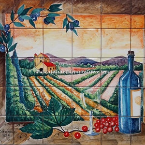 Italy tile mural Hand Painted Panel Mosaic Backsplash Ceramic  Mural Tile handmade . Views of the Vineyards of the Hills of Siena Italy