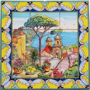 Tile Murals Ceramic Panel - Beautiful Landscape of Ravello -  Hand Painted Tile - Amalfi Cost Tile Wall Art - Outdoor Wall Tiles