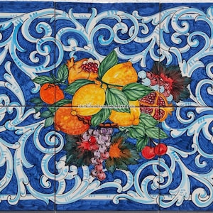 Decorative Tiles - Lemons, Grapes and Pomegranate - Cherry Art - Colorful Hand-Painting - Blue Baroque Tiles - Typical Italian Art
