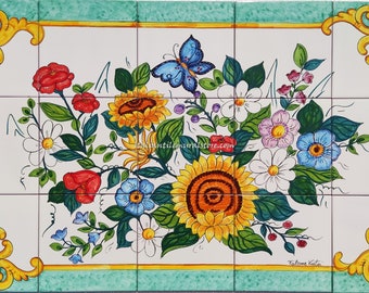 Baroque Ceramic Panel - Handpainted Backsplash - Compition of Colorful Flowers with Blue Butterflies - Sunflowers, Poppies, Daisies, Lillies