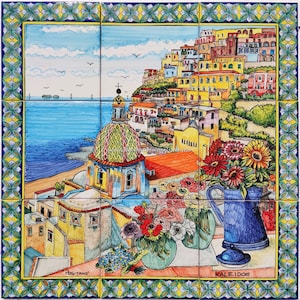 Wall Panel of the Positano Chapel - Amalfi Landscapes - Colorful Border with Geometric Patterns - Hand Painted Tile Mural - Ceramic Wall Art