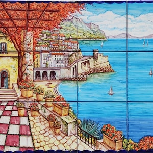 Unique Piece of Decorative Ceramic Backsplash - Artistic View of Amalfi Seafrom a Tipical Mediterranean Terrace  - Handpainted Wall Panel