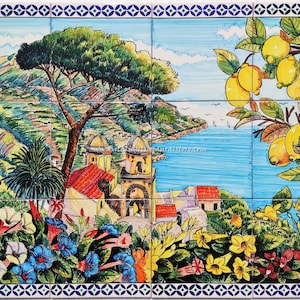Ceramic Wall Art - Ravello on the Sea - Lemon decoration  - Colorful Flower Decor - Border with Geometric Patterns - Hand Painted Tiles