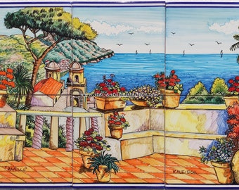 Hand-Painted Ceramic Tile Mural – Ravello Flower Terrace, Italian Decor