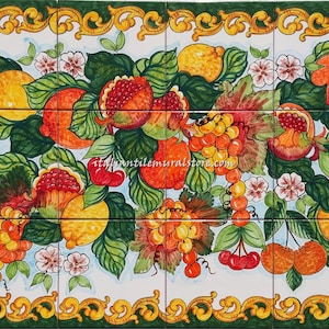 Handcrafted Backsplash - Unique Design - Cherry, Grape Decoration - Artistic Tiles of a Wonderful Fruit Mosaic - Baroque and Colorful Style
