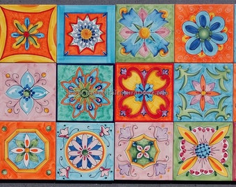 Patterned Tiles patchwork hand painted. Decorative mandala tile for garden. Handmade Assorted Designs Italy Ceramic 8x8 inch