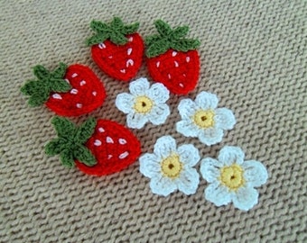 Crochet applique strawberry and blossom