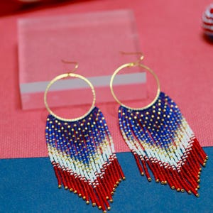 Fringe Beaded Earrings,  USA Flag Colors,  Handmade with High-Quality Seed Beads on 14K Gold Filled Hoops, Patriotic Jewelry