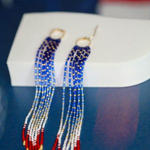 Fringe Beaded Earrings,  USA Flag Colors,  Handmade with High-Quality Seed Beads on 14K Gold Filled Hoops, Patriotic Jewelry