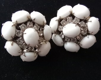 Vintage Kramer signed White Milk Glass & Rhinestone Cluster Clip Earrings