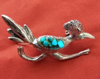 Vintage SouthWest Silvertone Roadrunner Brooch Pin with Faux Turquoise