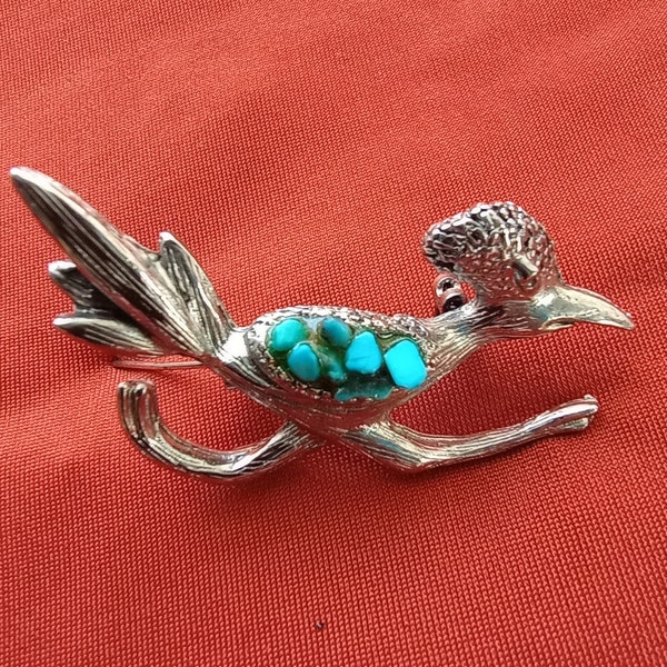 Vintage SouthWest Silvertone Roadrunner Brooch Pin with Faux Turquoise