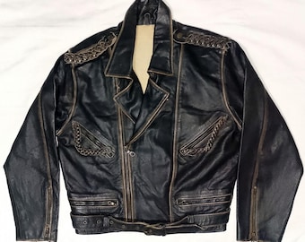 Vintage 80's Motorcycle Biker Rider Perfecto Style Double breasted Heavy Leather Brando Jacket, Braided details, size M