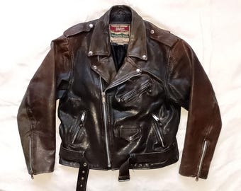AKASO Leather Division Brando Style Vintage 80s Double breasted Motorcycle Biker Dark Brown Leather Jacket, UK size 42 / Medium