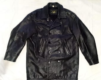 ON STAGE Vintage 80s Naval Inspired Double-Breasted Heavy-Duty Full-Grain Black Leather Pea Coat England, size XL